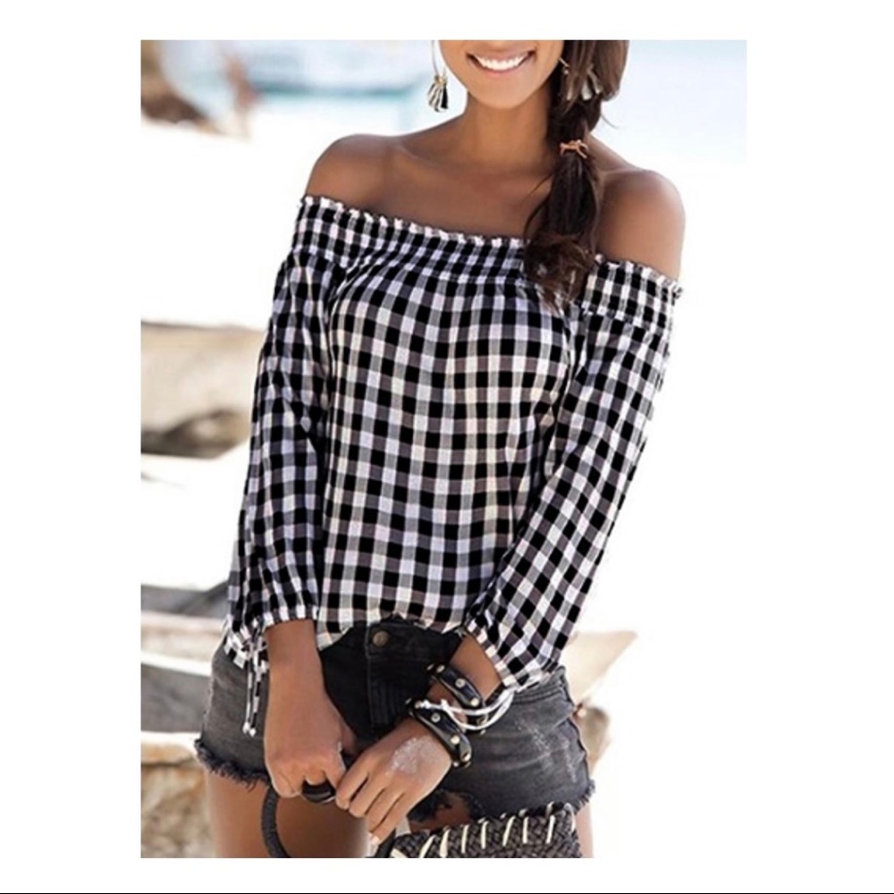 Staccato Off Shoulder Check Top